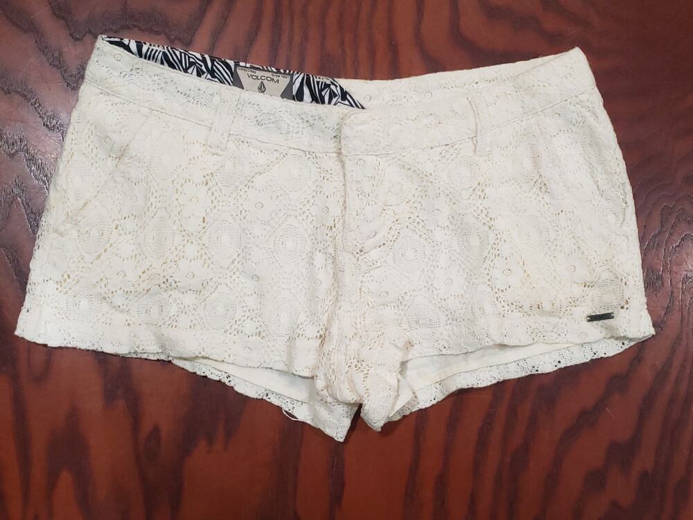 Volcom Ivory Cream White Floral Lace Overlay Shorty Shorts